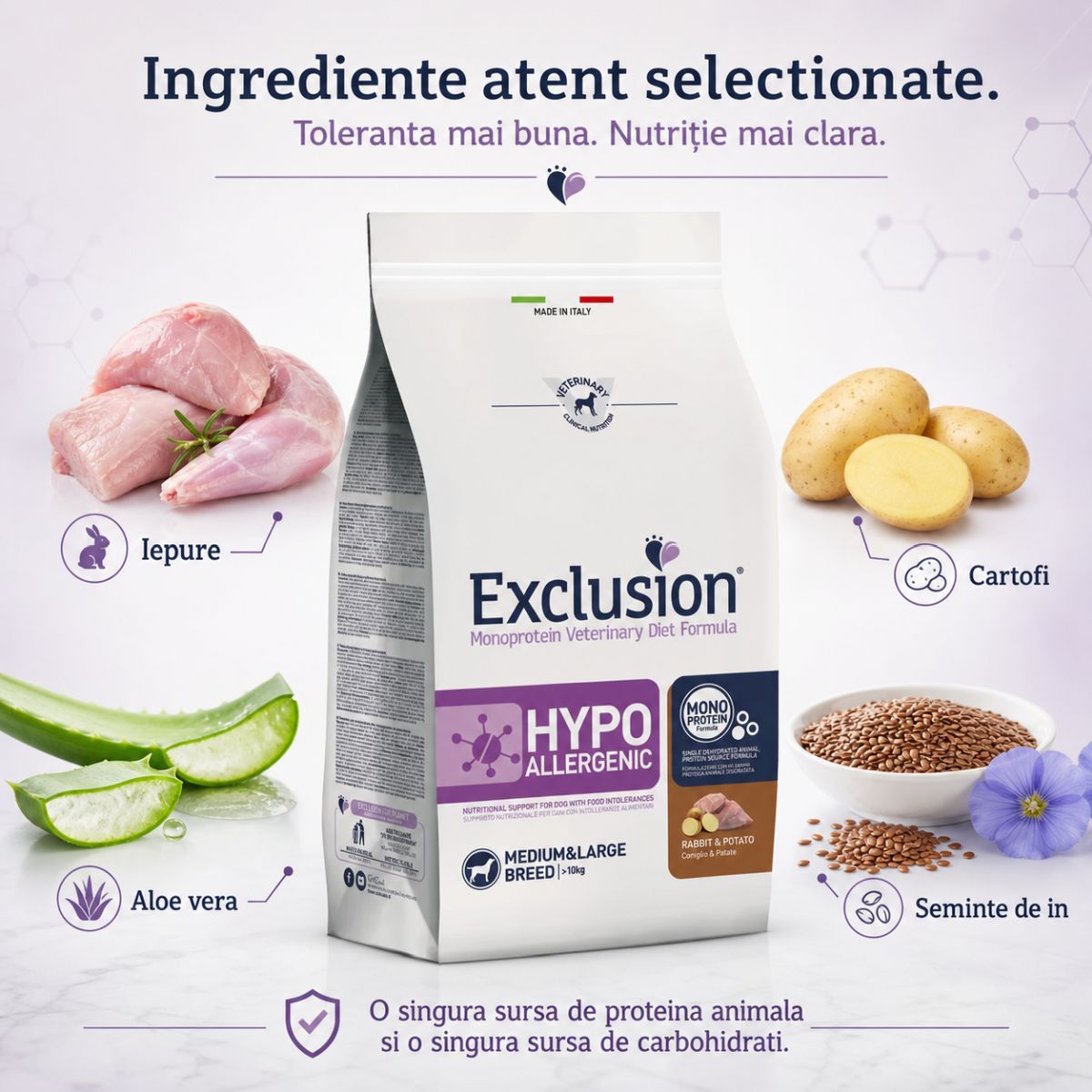 EXCLUSION Monoprotein VD Hypoallergenic Medium&Large, M-XL, Iepure și Cartofi, dietă veterinară, hrană uscată fără cereale câini, alergii, 12kg - imagine 5